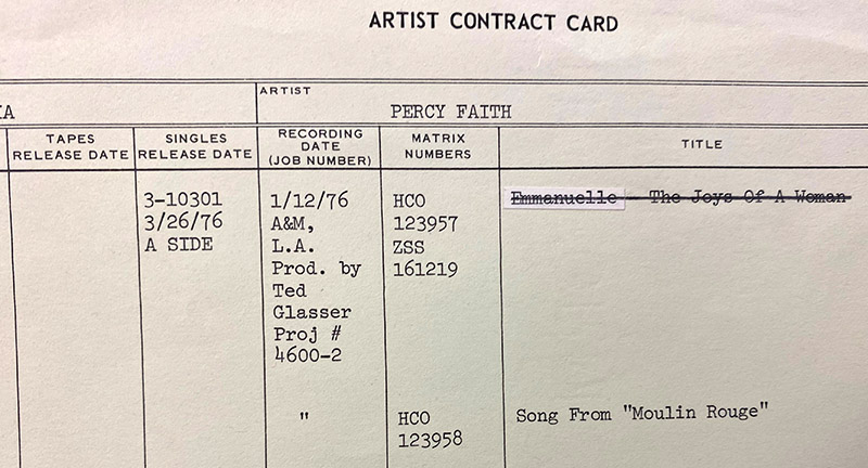 Percy Faith - artist contract card